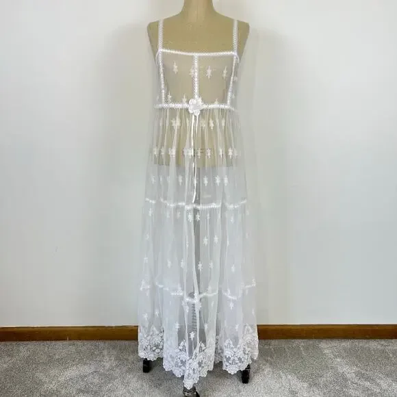 Vintage No Strings Attached Sheer White Floral Coverup Bridal Night Gown Dress M - Picture 13 of 13